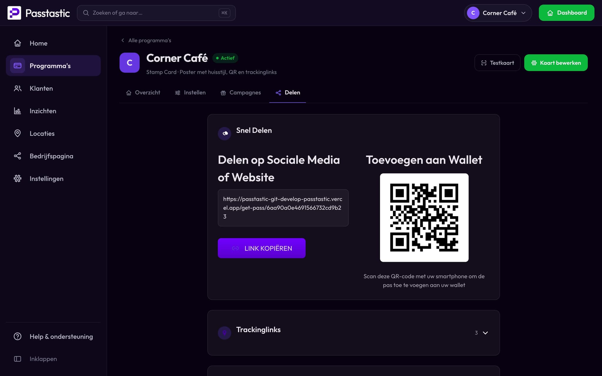 Het tabblad Delen: de QR-code van Corner Café om de kaart toe te voegen