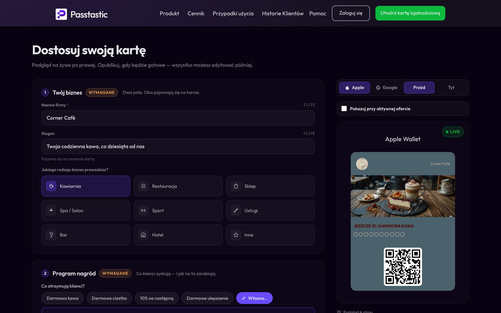 Kreator kart Passtastic: Corner Café z wyglądem kawiarni i podglądem w Apple Wallet