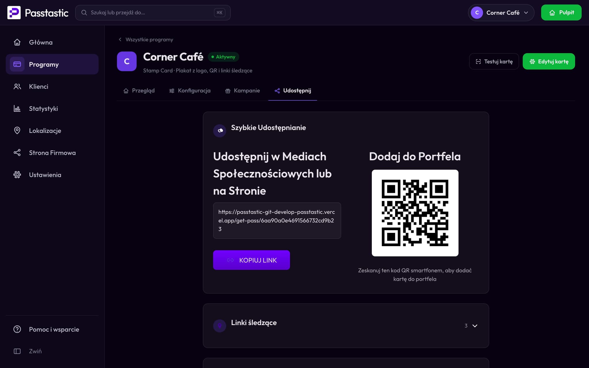 Karta Udostępnij: kod QR Corner Café do dodania karty