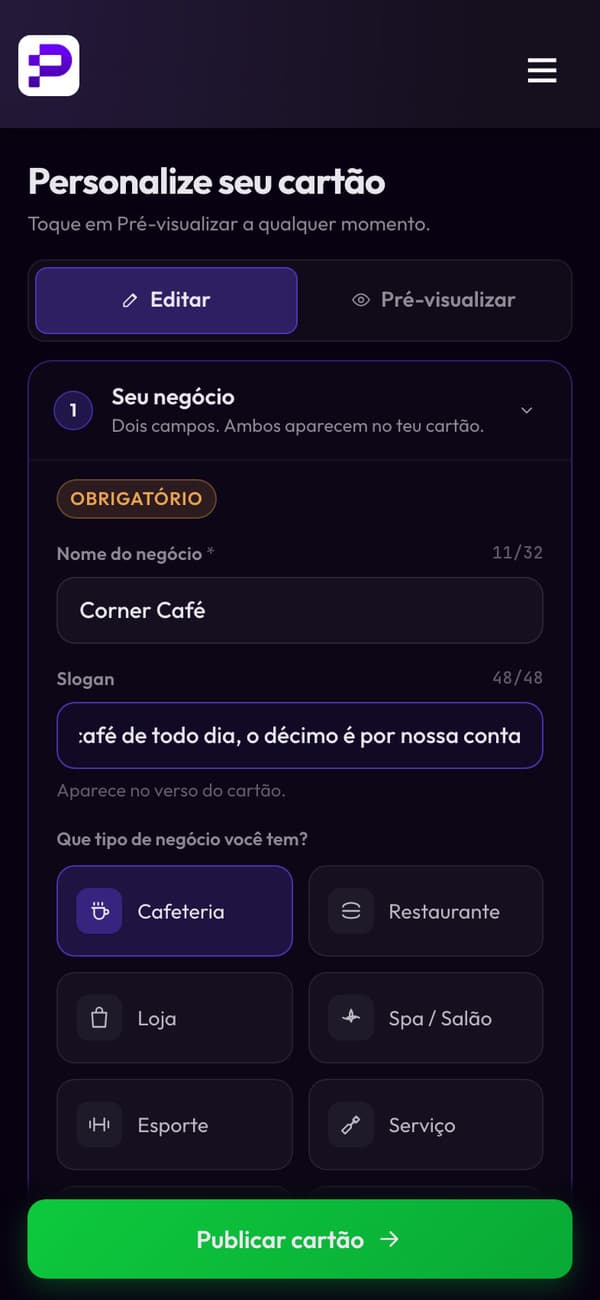 Configurando o cartão de carimbos do Corner Café: nome, slogan e tipo de negócio, com prévia ao vivo