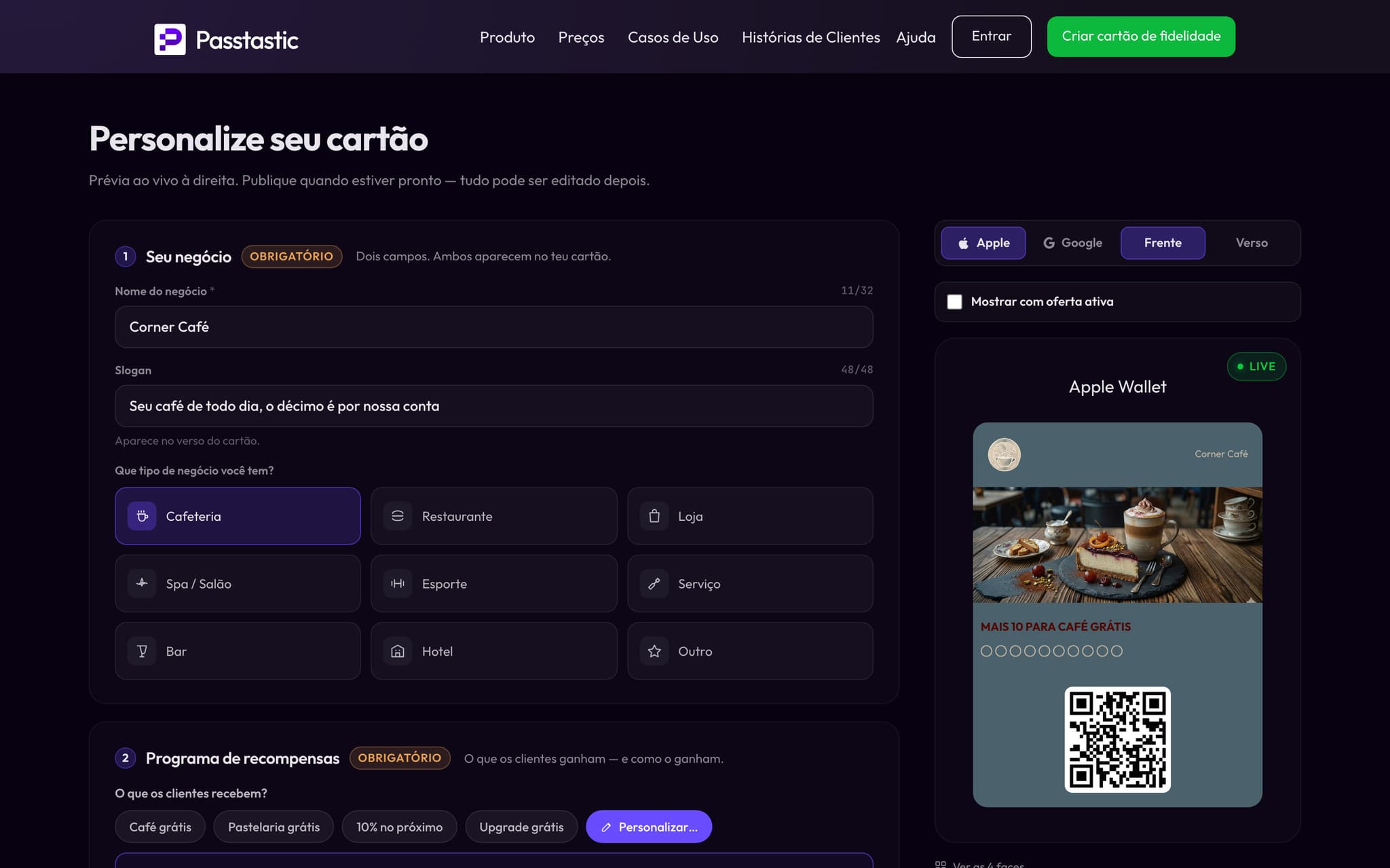 Configurando o cartão de carimbos do Corner Café: nome, slogan e tipo de negócio, com prévia ao vivo