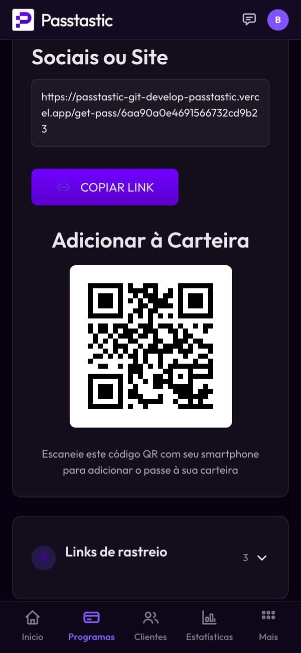 A aba Compartilhar do cartão de carimbos do Corner Café com o QR code