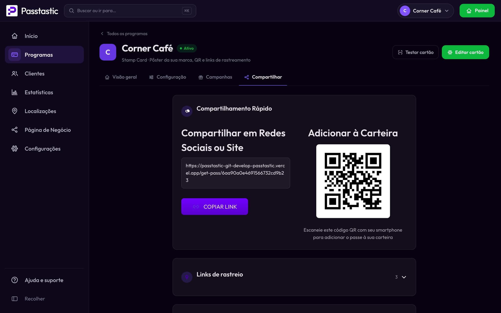 A aba Compartilhar do cartão de carimbos do Corner Café com o QR code