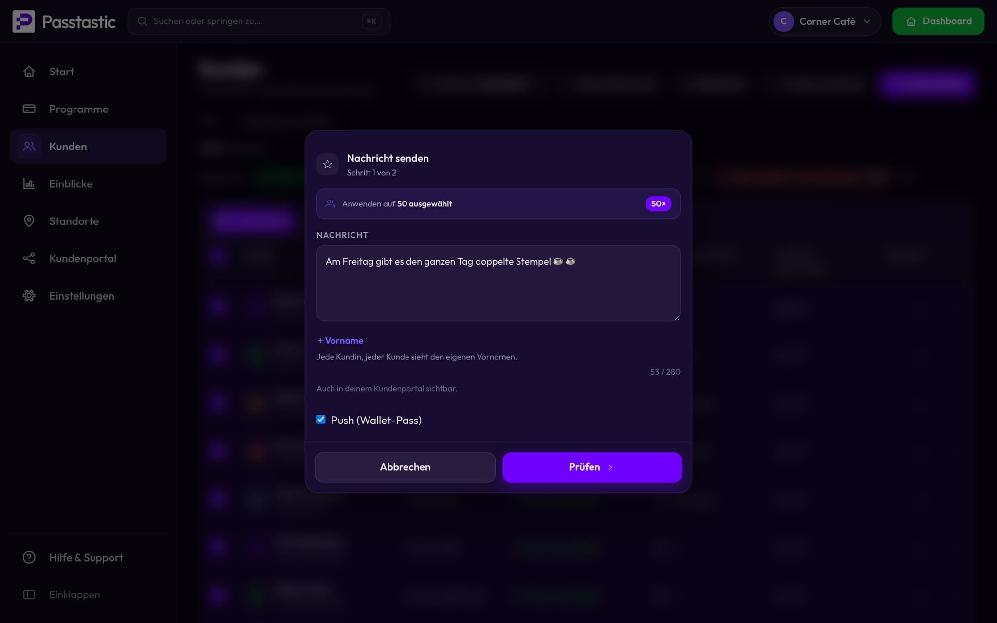 Eine Nachricht im Dashboard schreiben