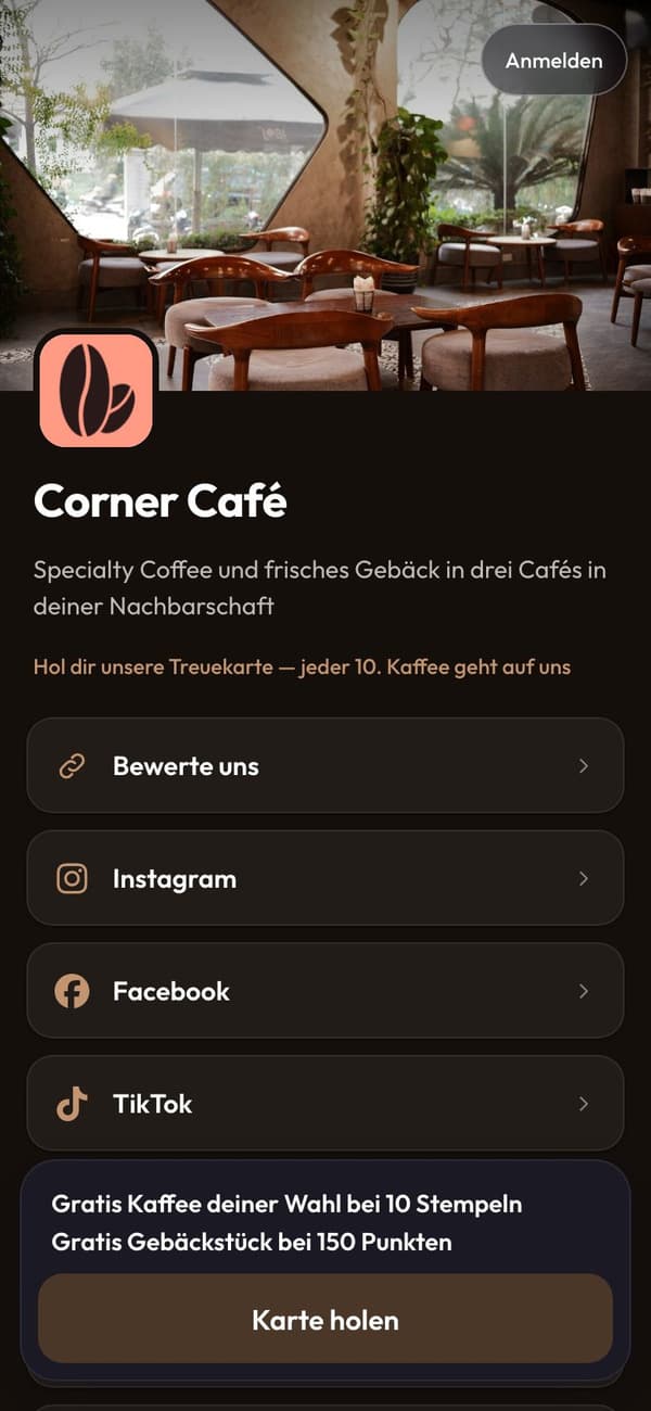 Die Seite von Corner Café für Besucher, mit Links und „Karte holen“