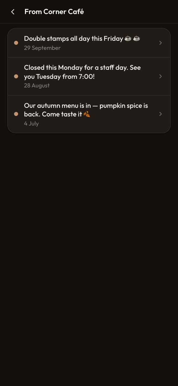 Messages from Corner Café in the app