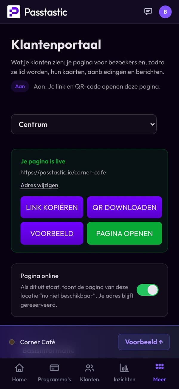 De pagina van je app bewerken in het dashboard: links, menu en adres