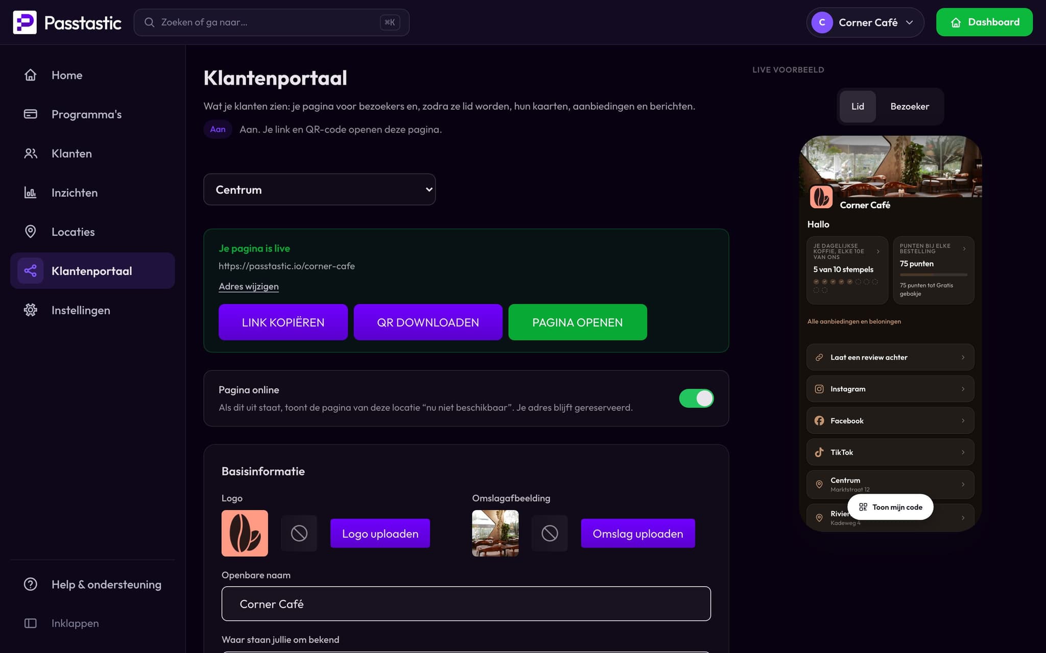 De pagina van je app bewerken in het dashboard: links, menu en adres