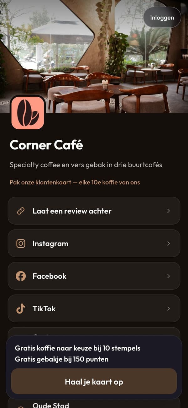 De pagina van Corner Café voor bezoekers, met links en “Haal je kaart op”