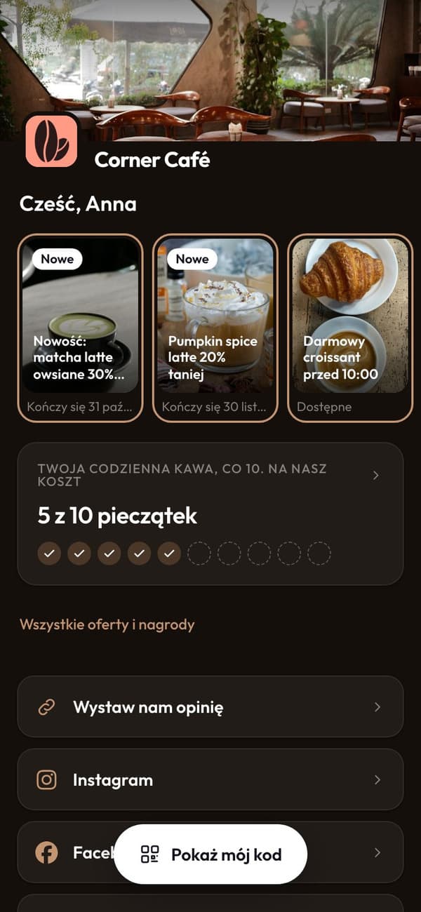 Aplikacja lojalnościowa Corner Café: Cześć, Anna, dzisiejsze oferty i jej pieczątki