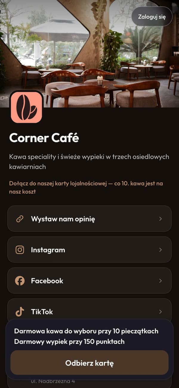 Strona Corner Café dla odwiedzających, z linkami i „Odbierz kartę”