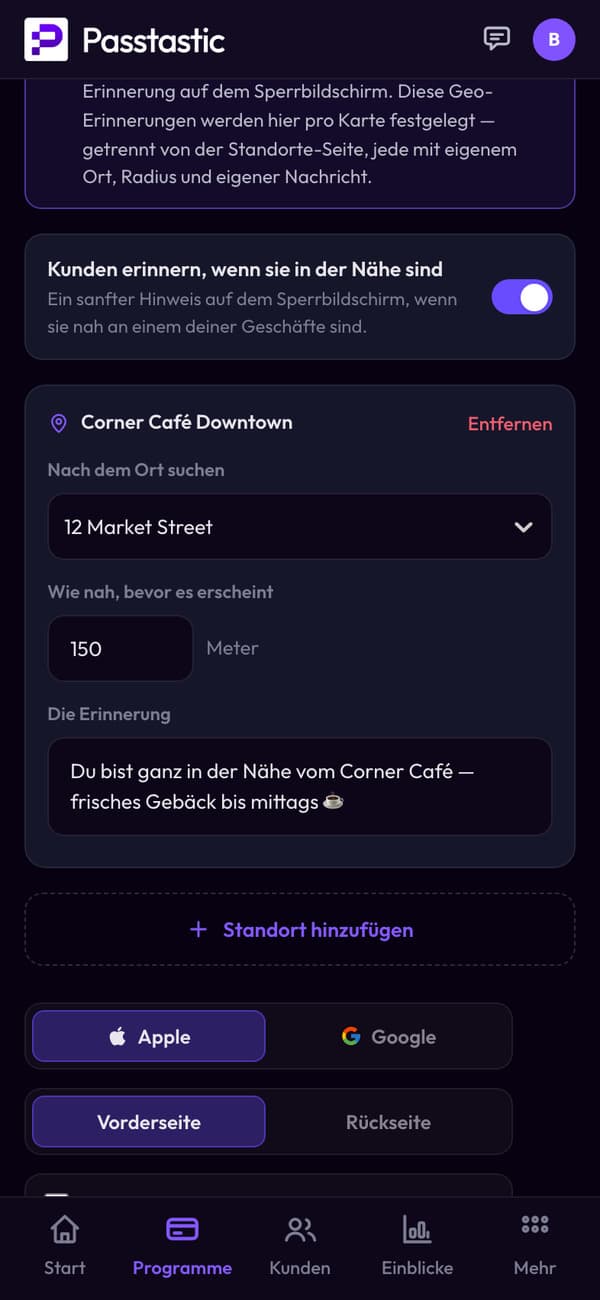 Die Erinnerung in der Nähe der Karte für Corner Café Downtown: 150 Meter, mit ihrer Nachricht