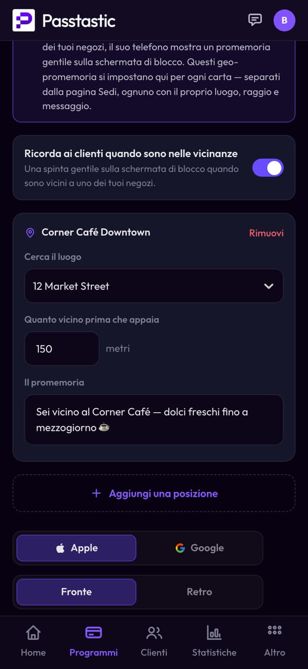 Il promemoria nelle vicinanze della carta per Corner Café Downtown: 150 metri, con il suo messaggio