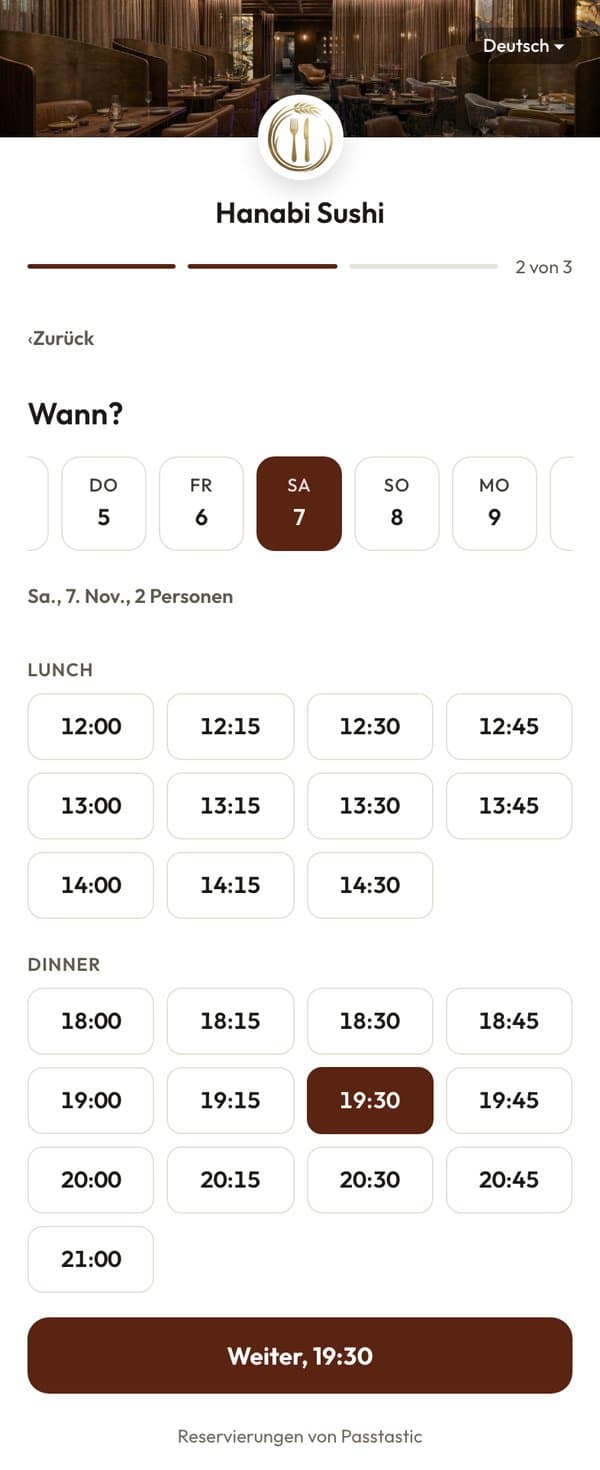 Die Reservierungsseite auf dem Handy: Samstag, 7. November, Mittag- und Abendzeiten, 19:30 gewählt