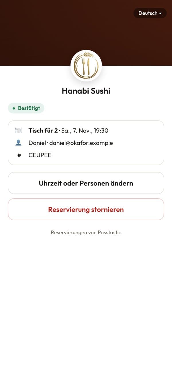Die Reservierungsseite des Gastes mit Zeit ändern und Reservierung stornieren