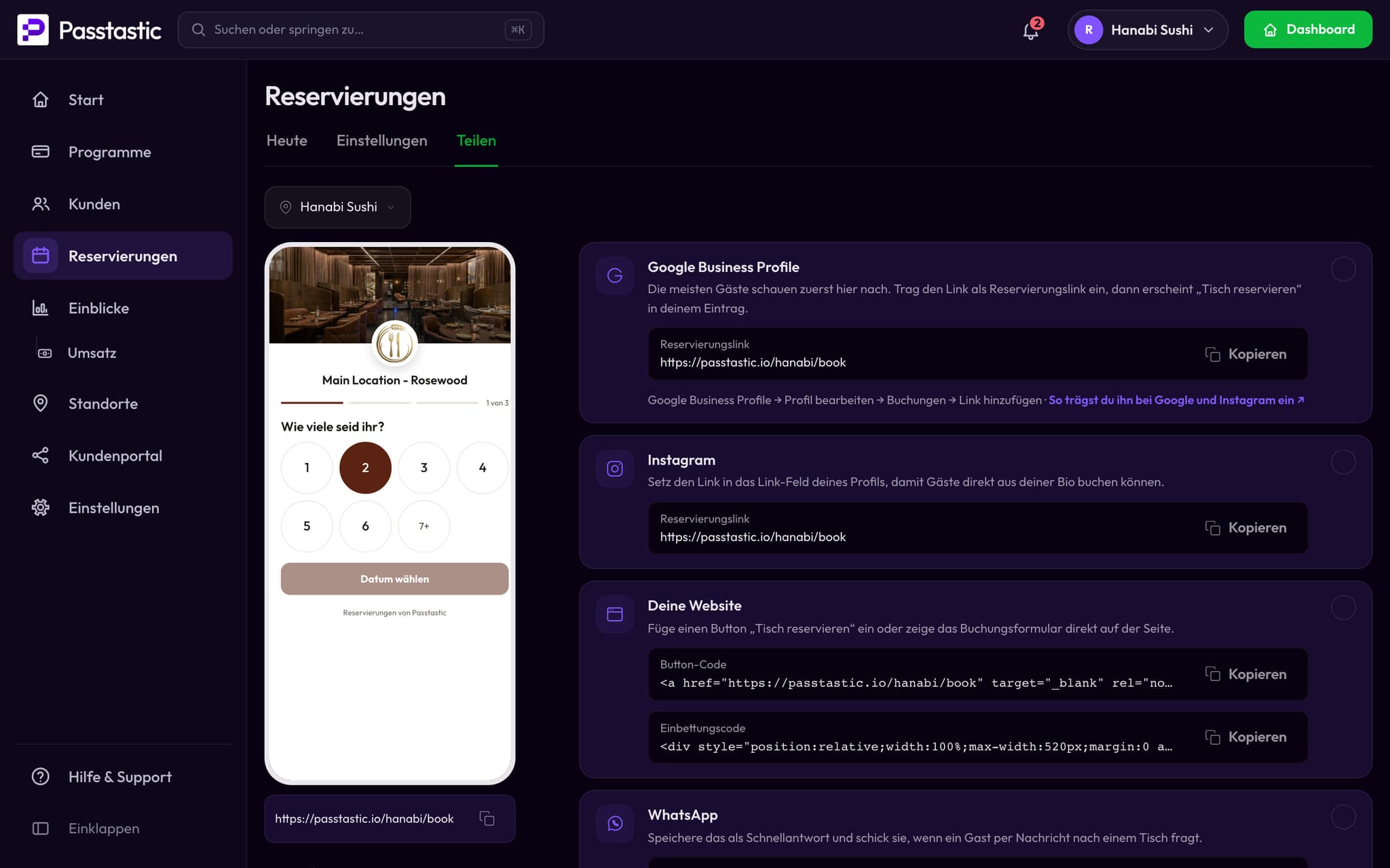 Der Tab Teilen mit dem Reservierungslink und einem Button Kopieren für Google und Instagram