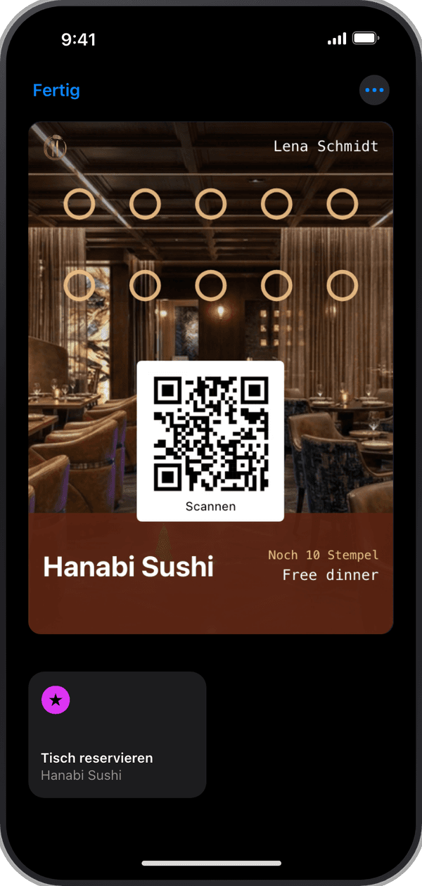 Die Karte von Hanabi Sushi in Apple Wallet, darunter ein Button Tisch reservieren