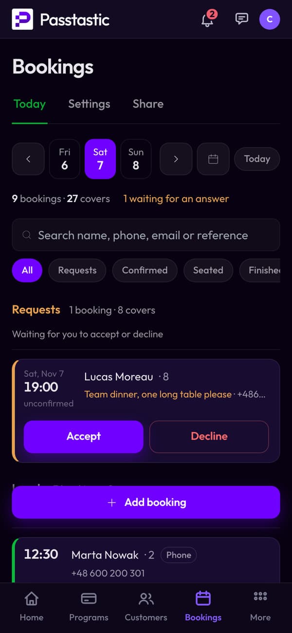 The Bookings screen for a Saturday: a party of 8 waiting to be accepted, then Lunch and Dinner with bookings and covers counted