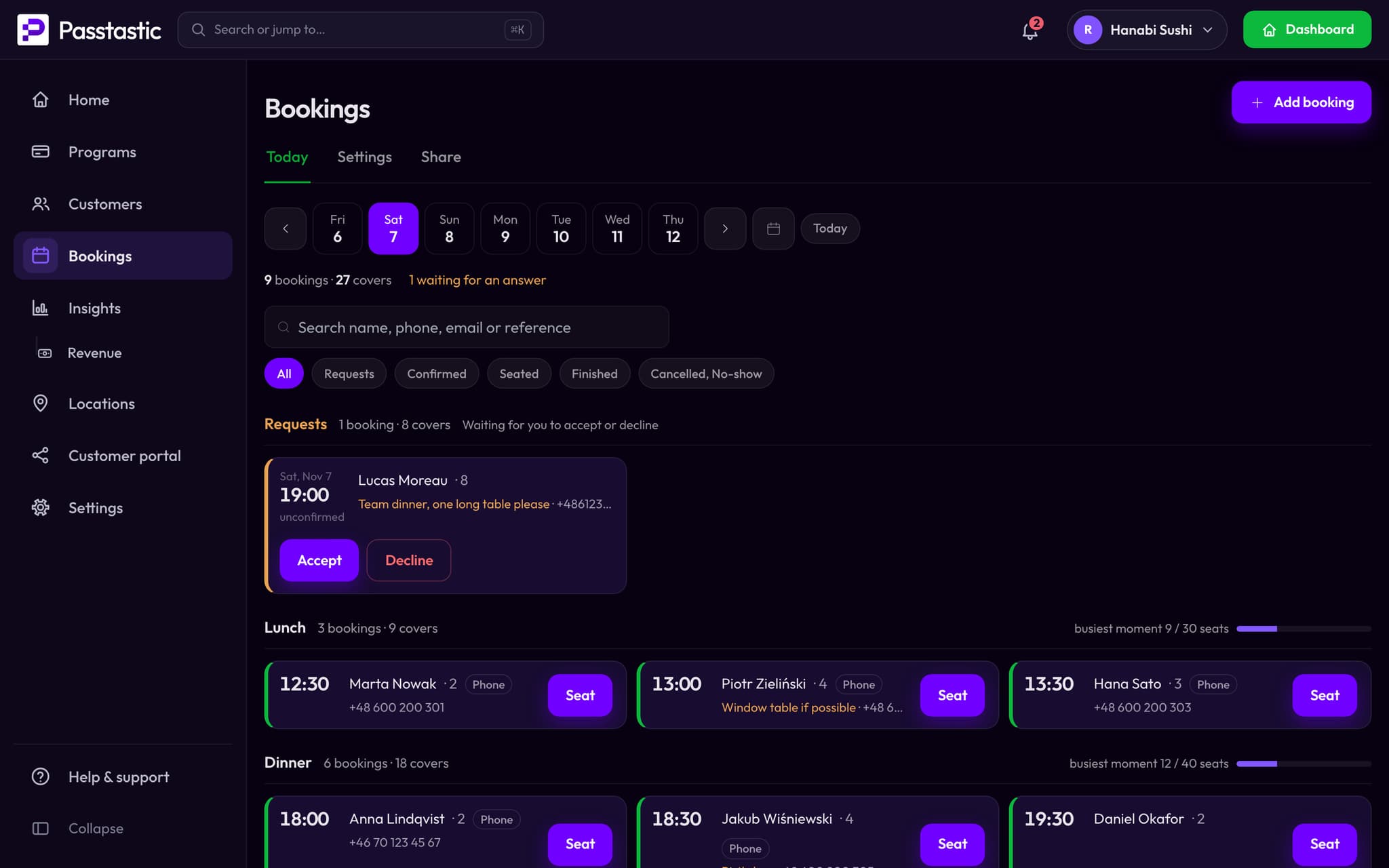 The Bookings screen for a Saturday: a party of 8 waiting to be accepted, then Lunch and Dinner with bookings and covers counted