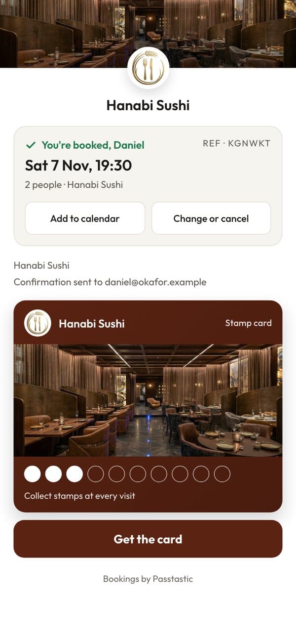The booking confirmation for Saturday 7 November at 19:30, with the Hanabi Sushi card and a Get the card button
