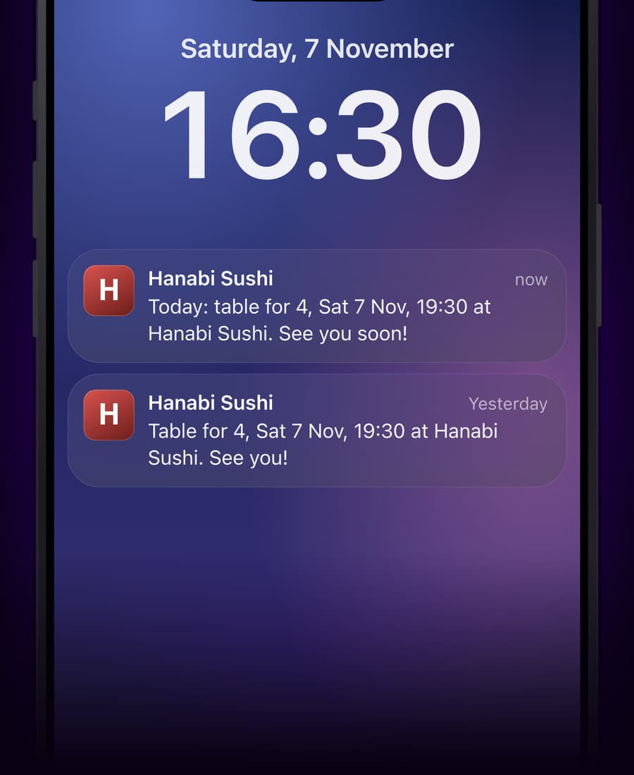 A lock screen with the wallet reminder from Hanabi Sushi three hours before the table