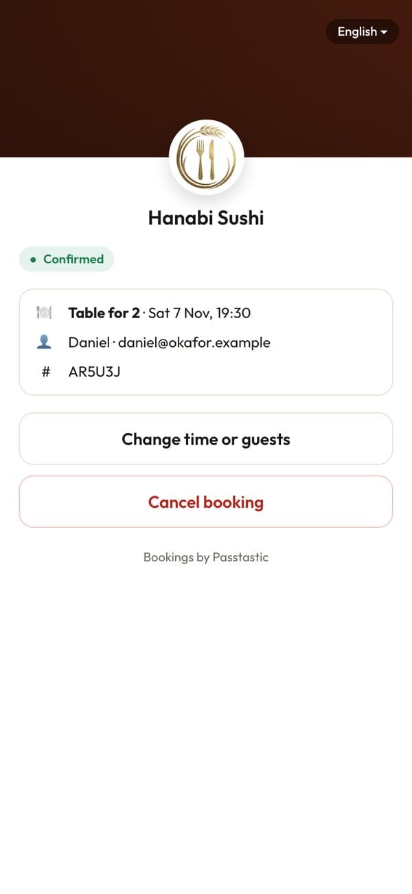 The guest's booking page with Change time and Cancel booking