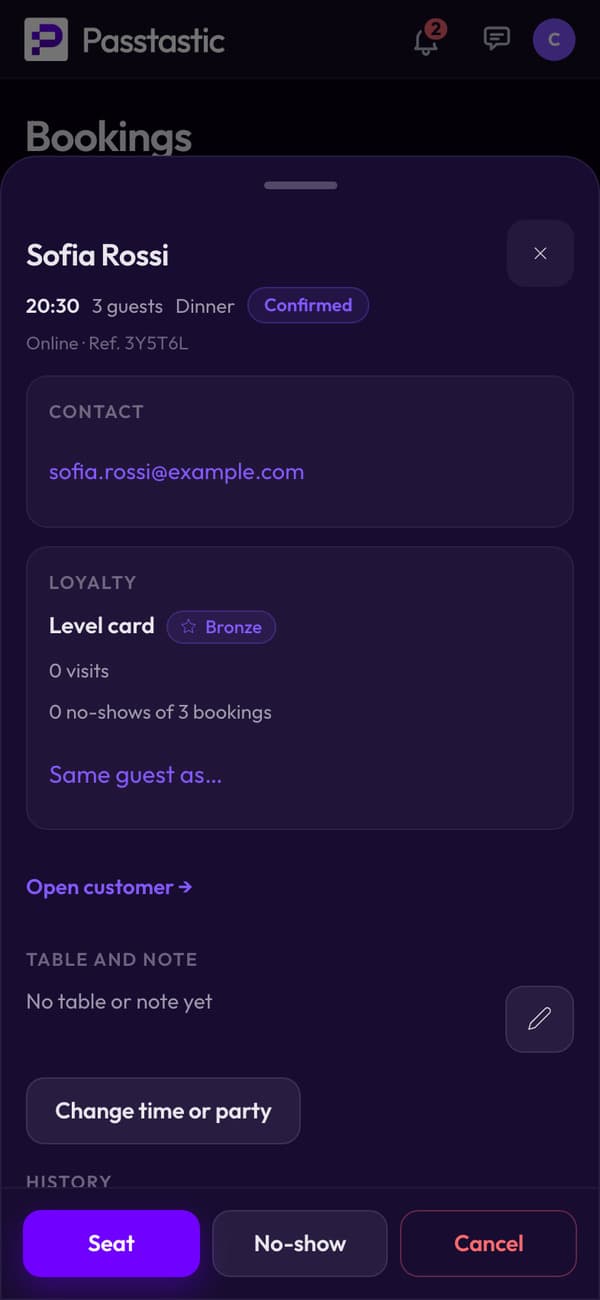 A booking opened on the phone: the guest's contact, her loyalty card and visits, and the Seat, No-show and Cancel buttons
