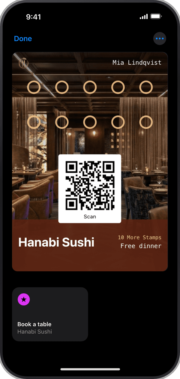 The Hanabi Sushi card in Apple Wallet, with a Book a table button under it