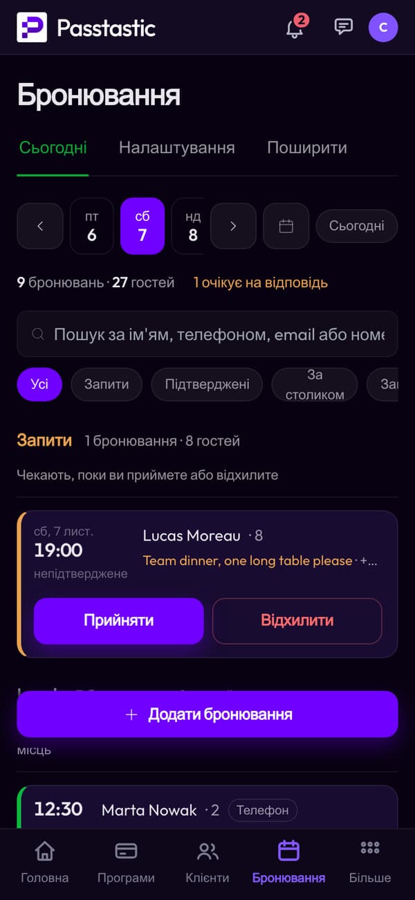 Екран бронювань на суботу: група з 8 осіб чекає на підтвердження, нижче обід і вечеря з підрахованими бронюваннями та гостями