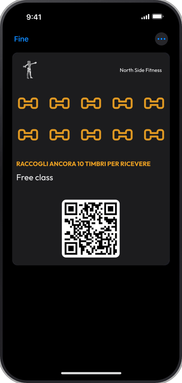 La carta a timbri di North Side Fitness, aperta in Apple Wallet su un iPhone