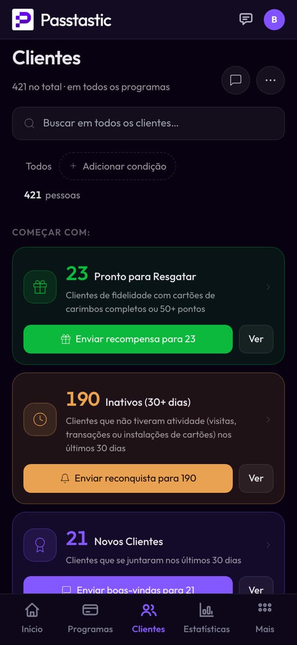 A tela de clientes da North Side Fitness: cada aluno com visitas, carimbos e última visita, e grupos de quem já pode resgatar uma recompensa ou não volta há 30 dias