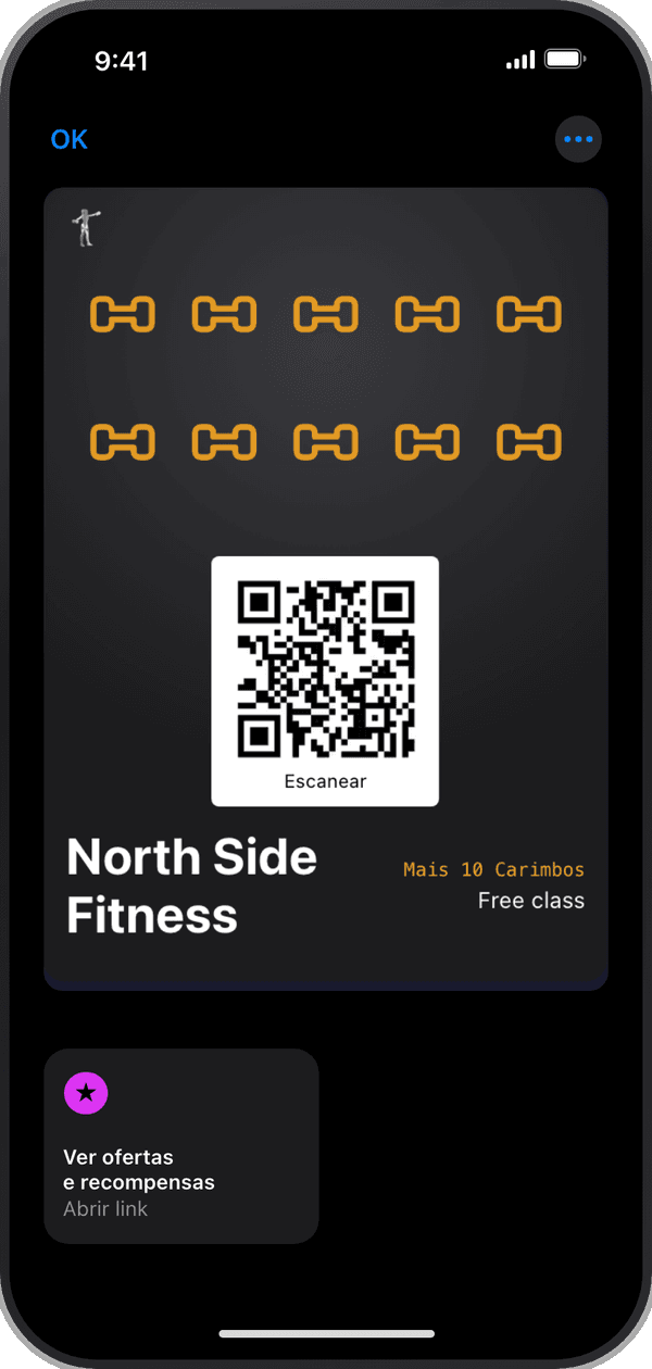 O cartão de carimbos da North Side Fitness aberto no Apple Wallet em um iPhone