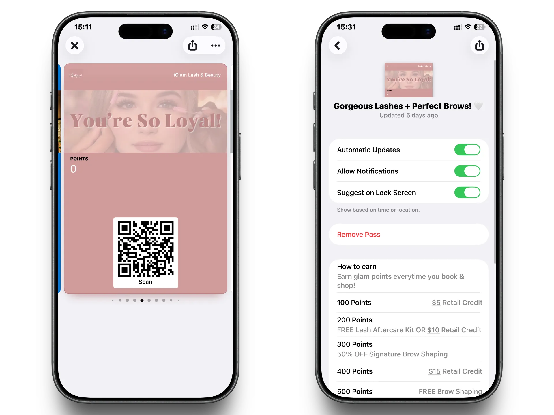 Carta fedeltà e livelli premio di iGlam Lash & Beauty in Apple Wallet