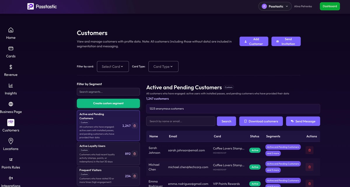 Customer list with names, emails, and segments