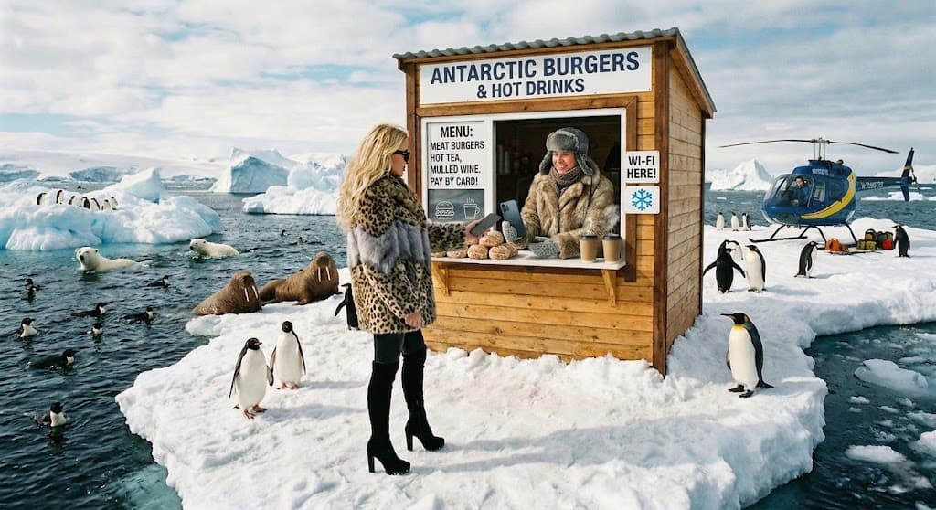 Un piccolo chiosco di hamburger e caffè su un lastrone di ghiaccio antartico, pinguini in fila e una cliente che paga col telefono al banco