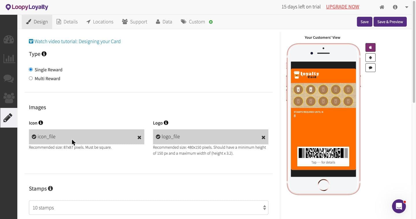 Il designer di carte di Loopy Loyalty con l'anteprima in tempo reale nel Wallet e il contatore dei 15 giorni di prova