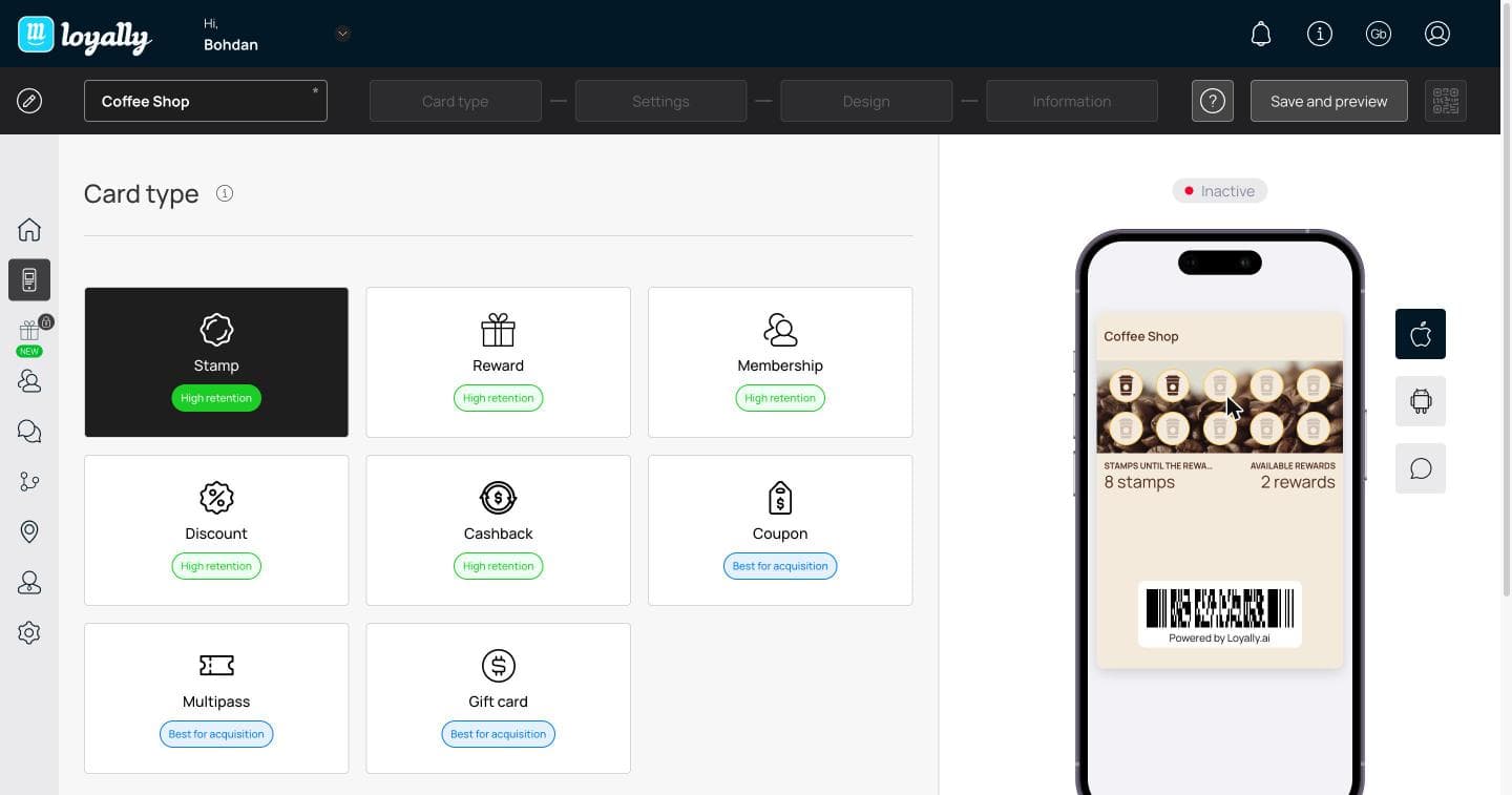 L'editor di carte di Loyally.ai, con otto tipi di carta e l'anteprima in tempo reale nel Wallet