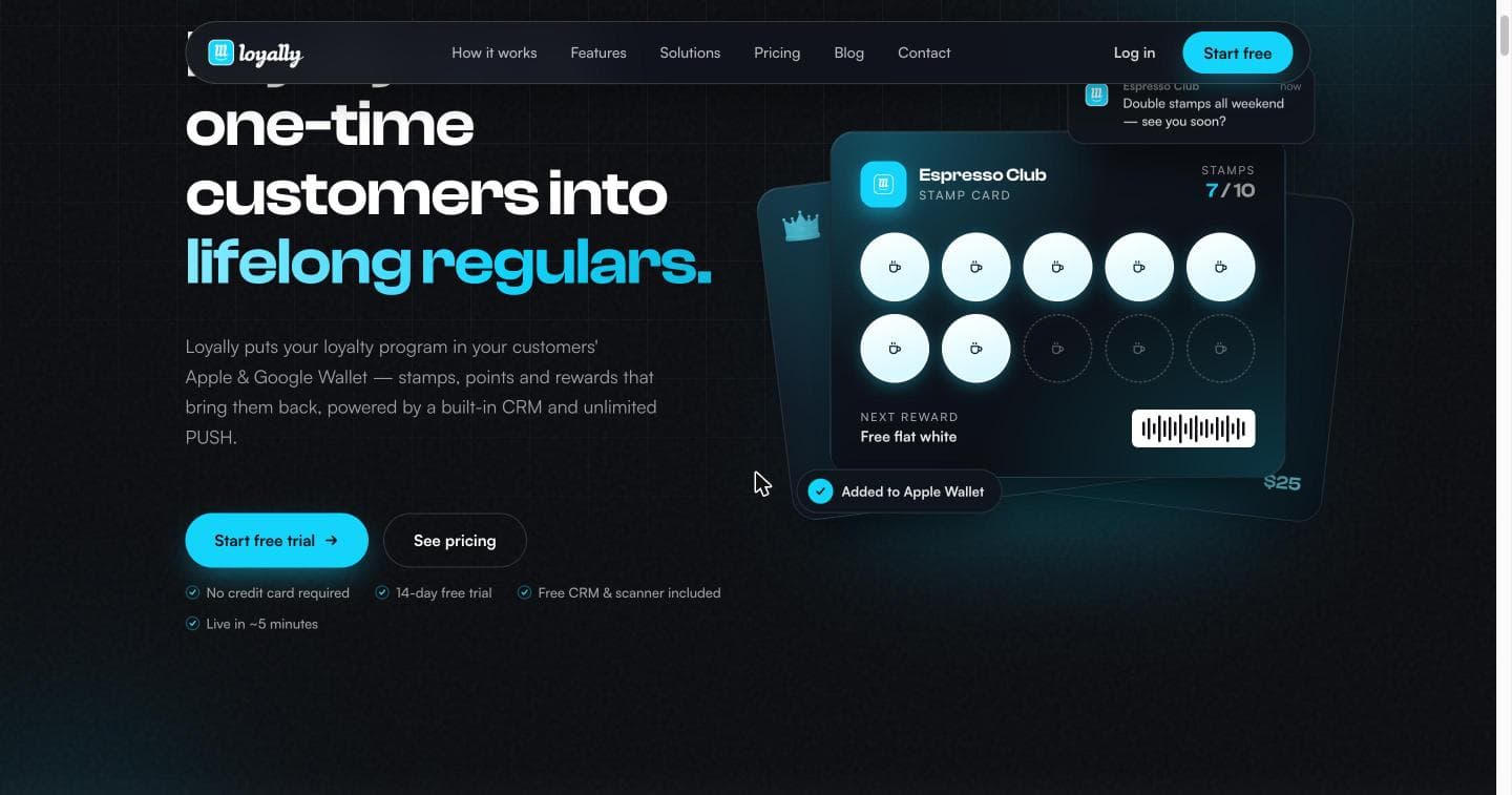 La homepage di Loyally.ai con un elenco che dice nessuna carta di credito richiesta e 14 giorni di prova gratuita