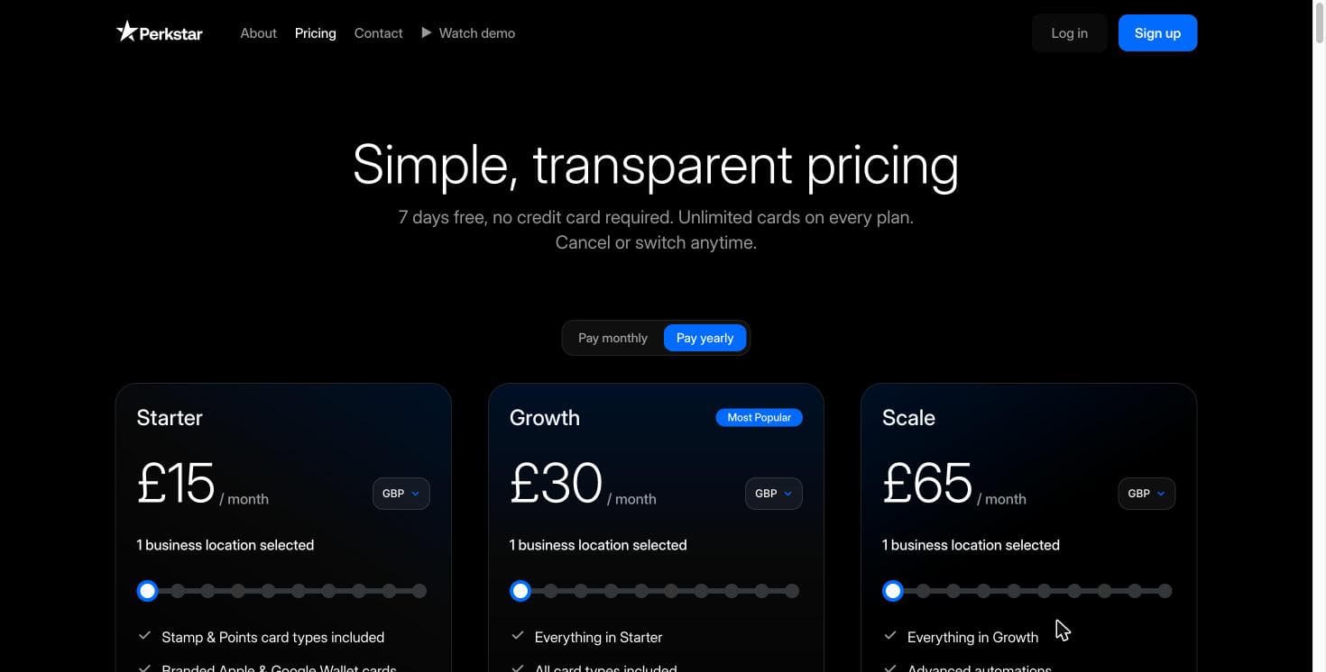 La pagina prezzi pubblica di Perkstar con Starter a £15, Growth a £30 e Scale a £65 al mese