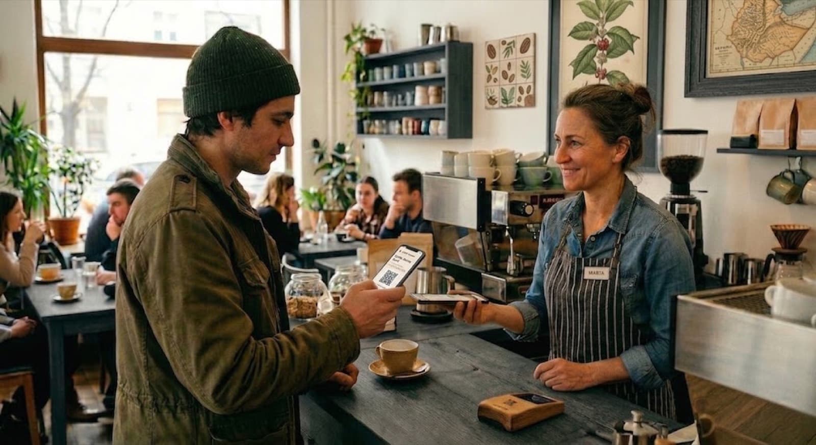 Een klant laat aan een lachende barista aan de toonbank van een koffiezaak een klantenkaart op zijn telefoon zien