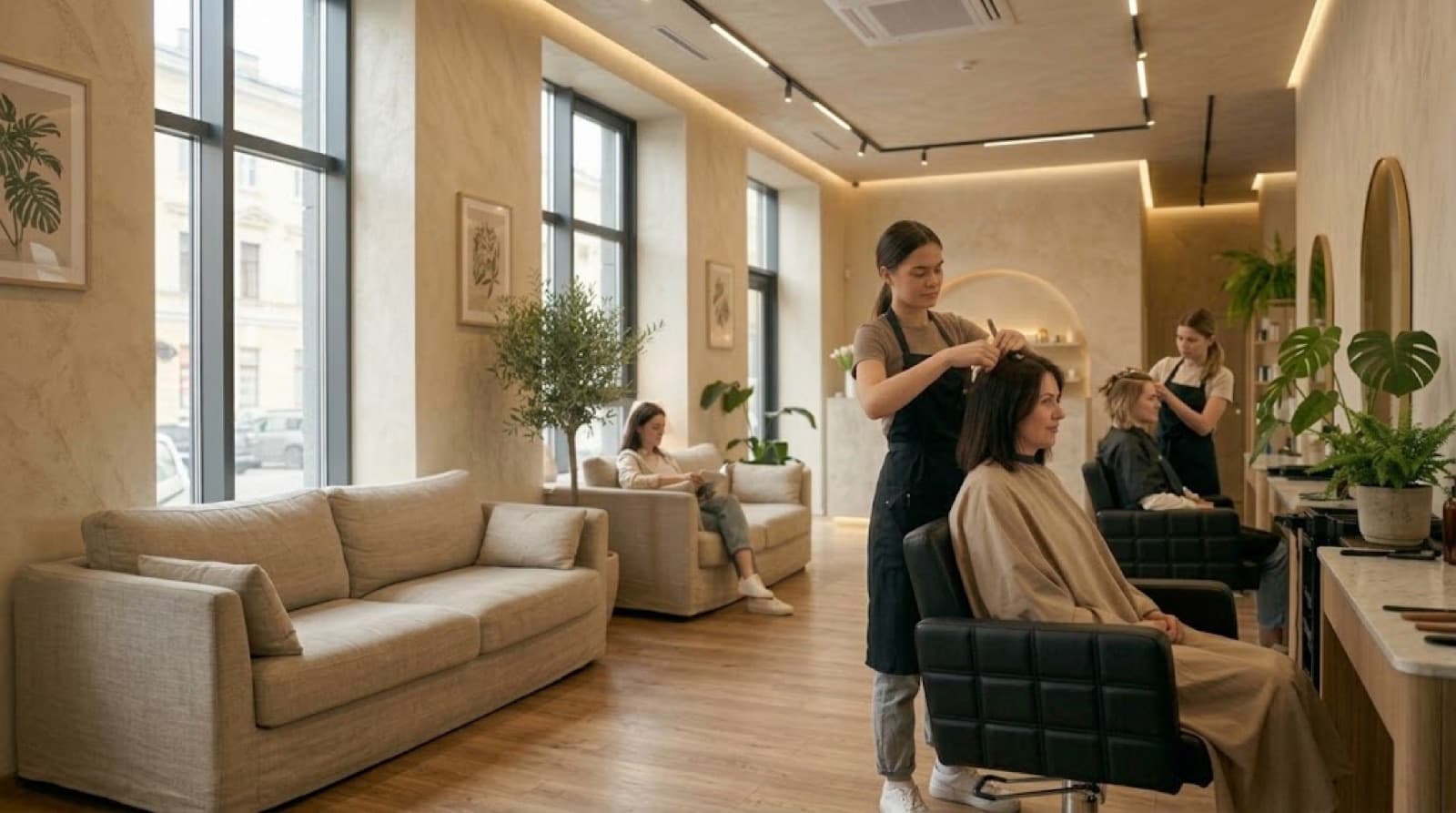 Een kapster doet het haar van een klant in een lichte kapsalon terwijl een andere klant op de bank wacht