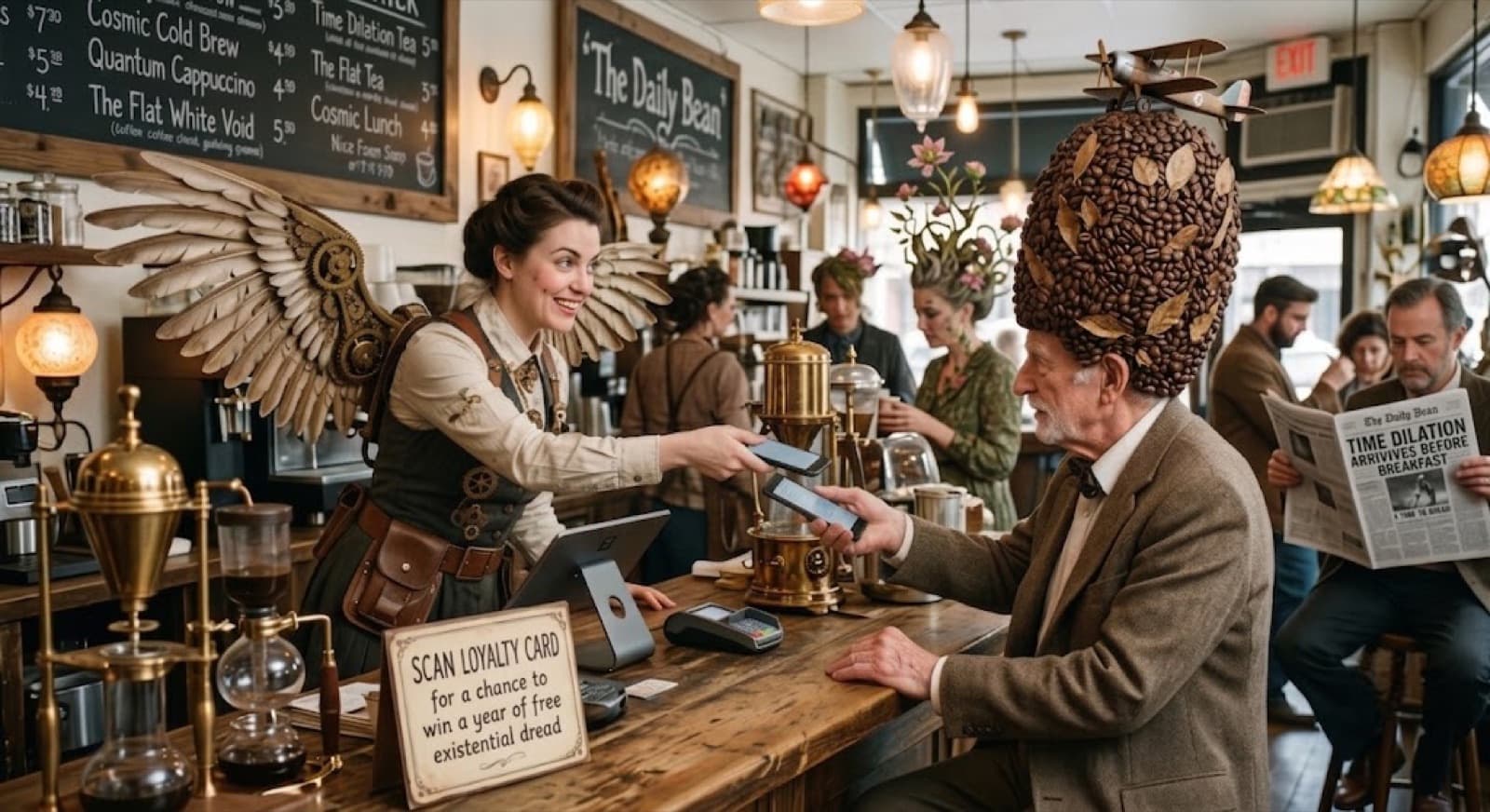 Een steampunk-barista met vleugels geeft een telefoon terug aan een klant met een hoed van koffiebonen, naast een bordje met de tekst scan je klantenkaart