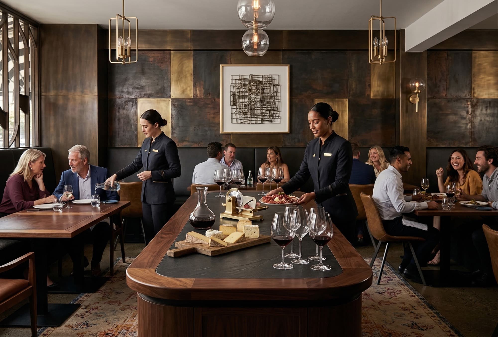 Een volle wijnbar met restaurant midden in de service