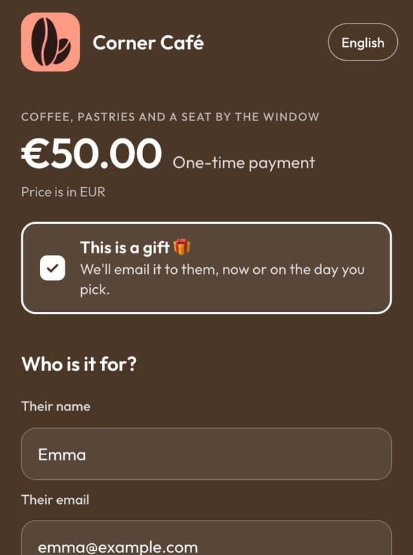La pagina di acquisto sul telefono con "È un regalo" spuntato e i campi per nome ed email della persona