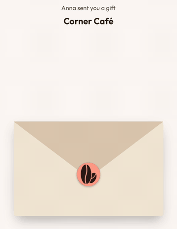 La pagina del regalo sul telefono: una busta sigillata con il logo di un caffè si apre, ne esce una carta da 50 € e compare il messaggio di chi ha comprato