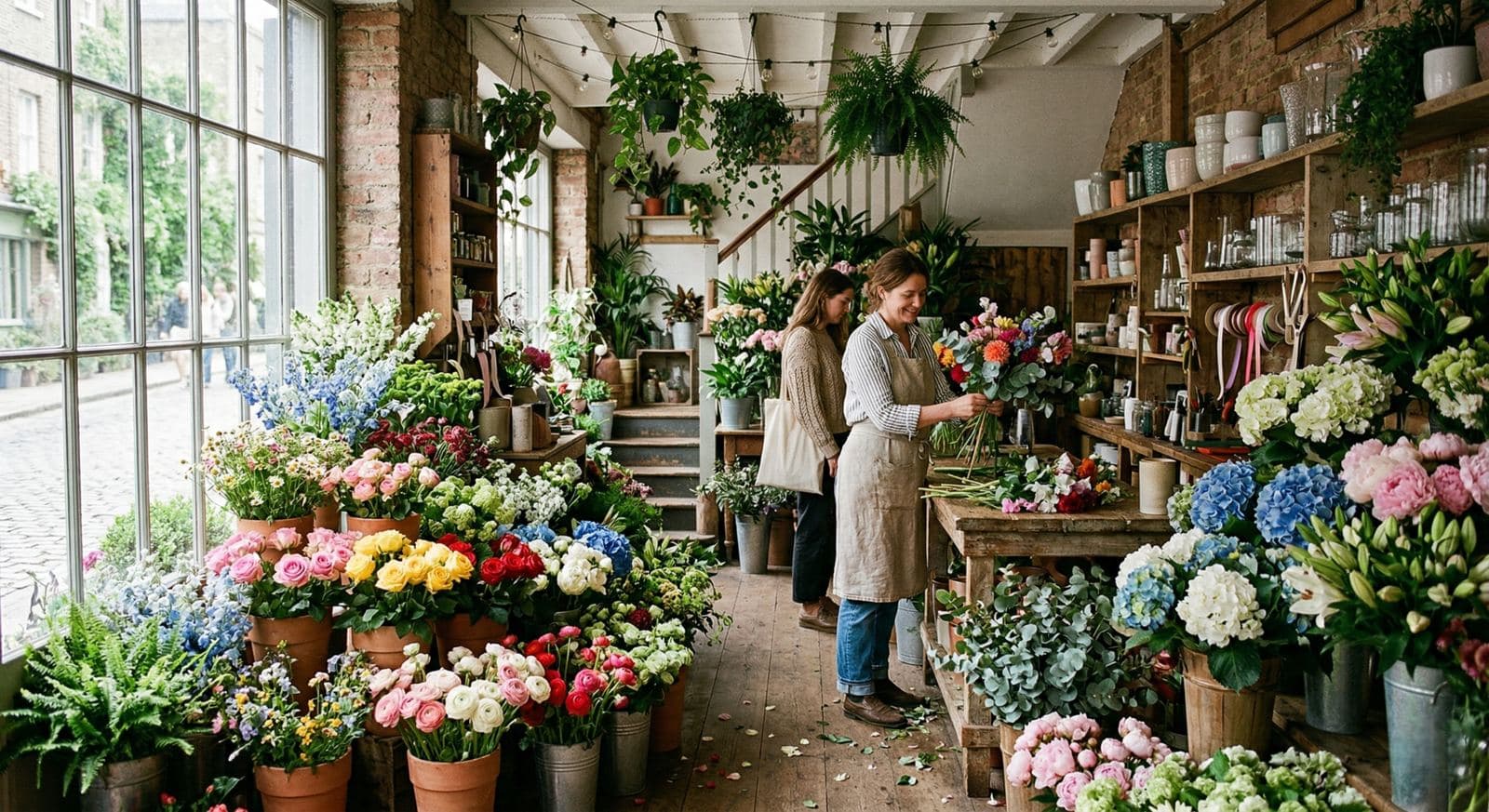 Una fioraia compone un bouquet mentre una cliente aspetta in un negozio di fiori luminoso, pieno di ortensie e rose