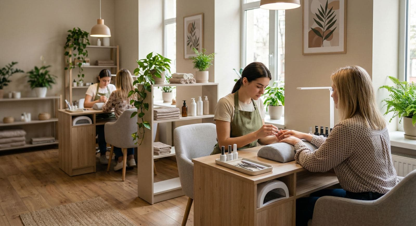 Una nail artist cura la manicure di una cliente in un salone luminoso