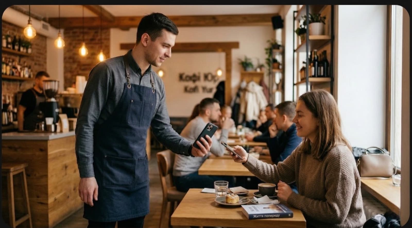 A barista scans a customer's phone at a café counter to add a stamp