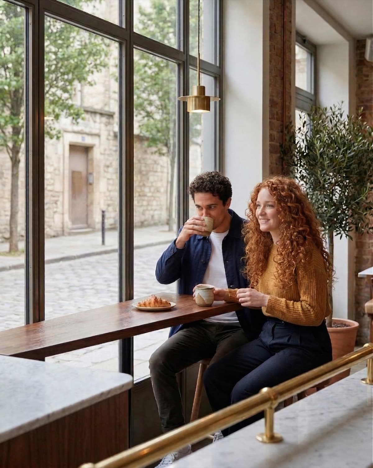 A couple enjoying coffee and a croissant by a bright café window