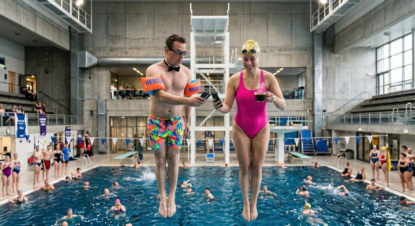 Dois nadadores pulam em uma piscina cheia olhando o celular — um segura um café — um olhar divertido sobre a fidelidade que cabe no seu bolso